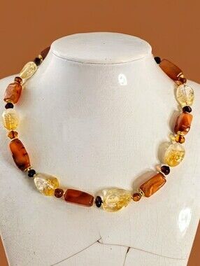 Chunky Carnelian, Citrine Stones, And Amber In Necklace Choker In Gold Plated